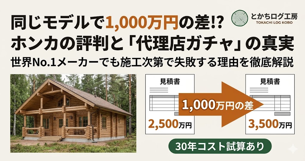 ホンカログハウスの評判解説記事アイキャッチ。同じモデルでも代理店によって1,000万円の価格差が出る実態と対策を訴求。
