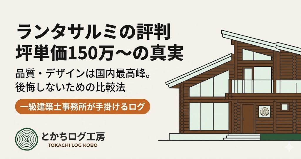 ランタサルミのログハウス外観イメージ。評判と坪単価150万から200万円の価格相場、ホンカとの違いを解説するアイキャッチ画像