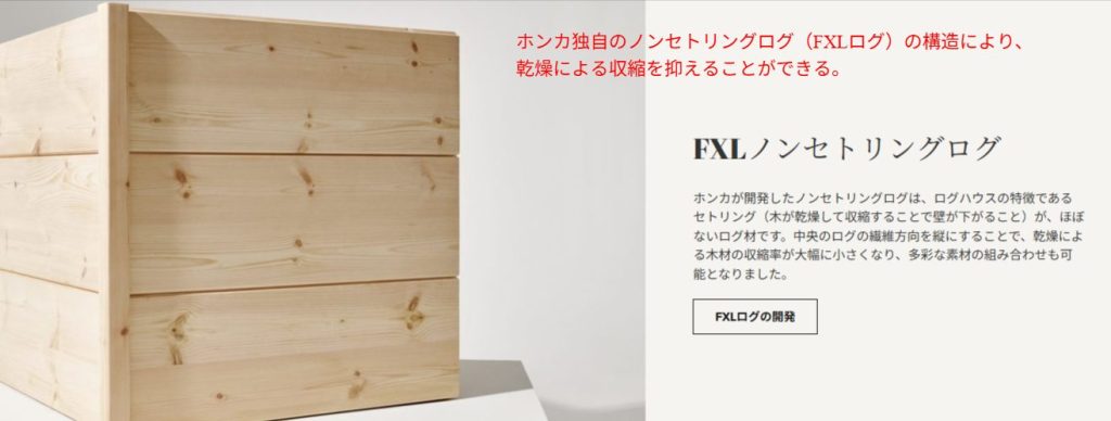 ホンカ独自のノンセトリングログ（FXLログ）の構造。乾燥による収縮を抑える技術解説。