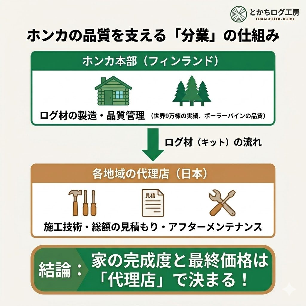 ホンカのログハウスが、フィンランド本部の「キット品質」と、国内代理店の「施工・価格」の分業で成り立っていることを示す図解。