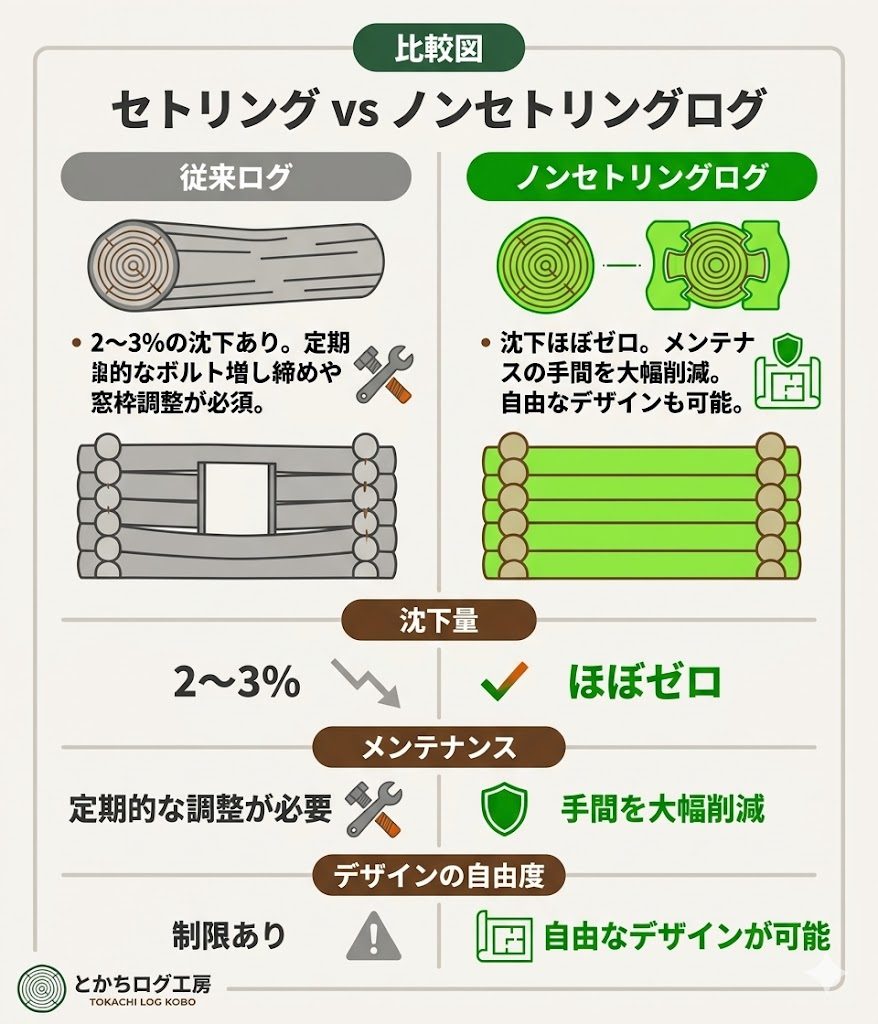 ログハウス特有のセトリング（沈み込み）現象について、従来ログとホンカ独自のノンセトリングログの違いを比較した図解。