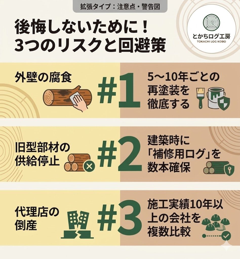 ホンカログハウスの悪い評判に基づく3つのリスク（腐食・部材不足・倒産）とその具体的な回避策をまとめた図解。