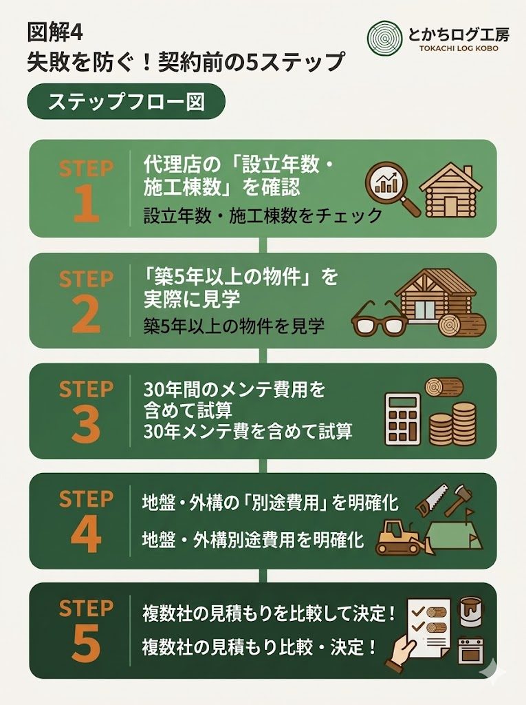 ホンカログハウス選びで失敗しないための、代理店確認から見積もり比較までの5ステップの手順図解。
