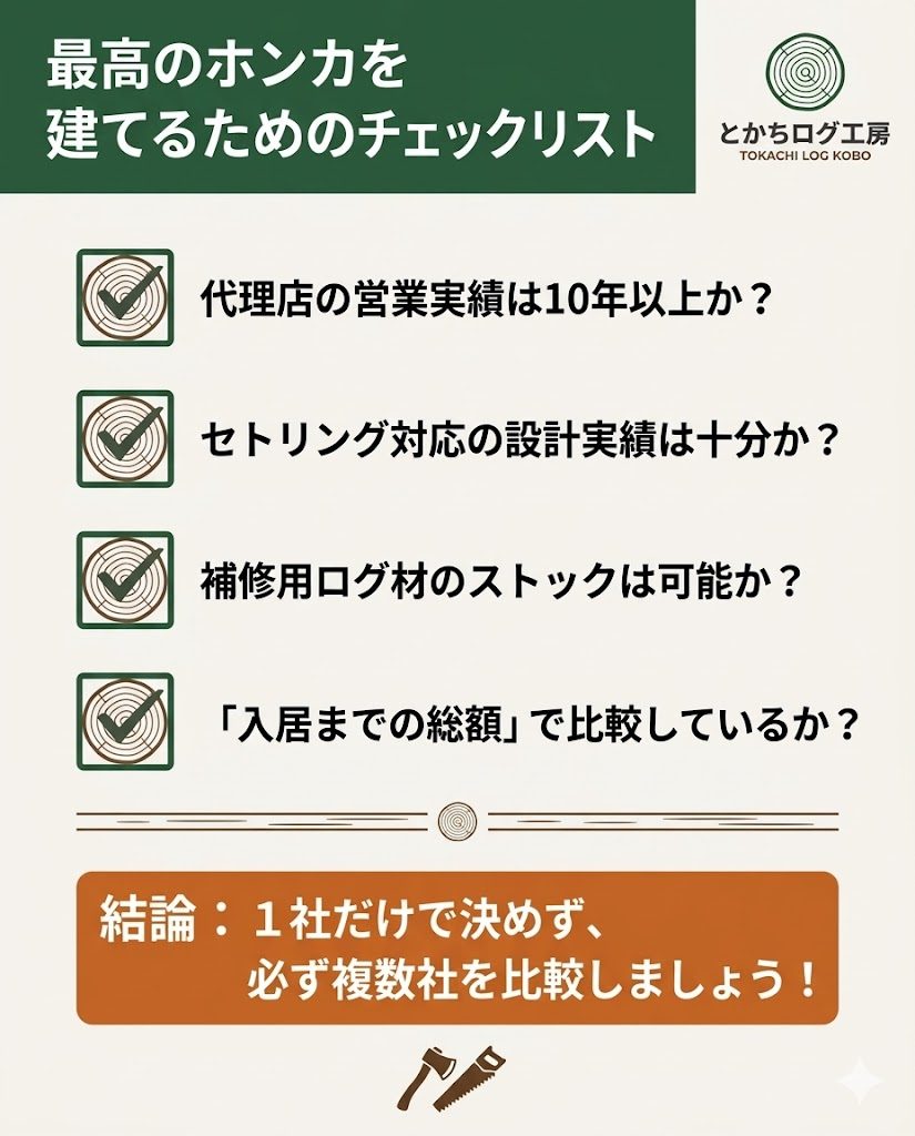 ホンカログハウスの代理店選びで確認すべき重要ポイントのチェックリスト。複数社比較の重要性を強調。