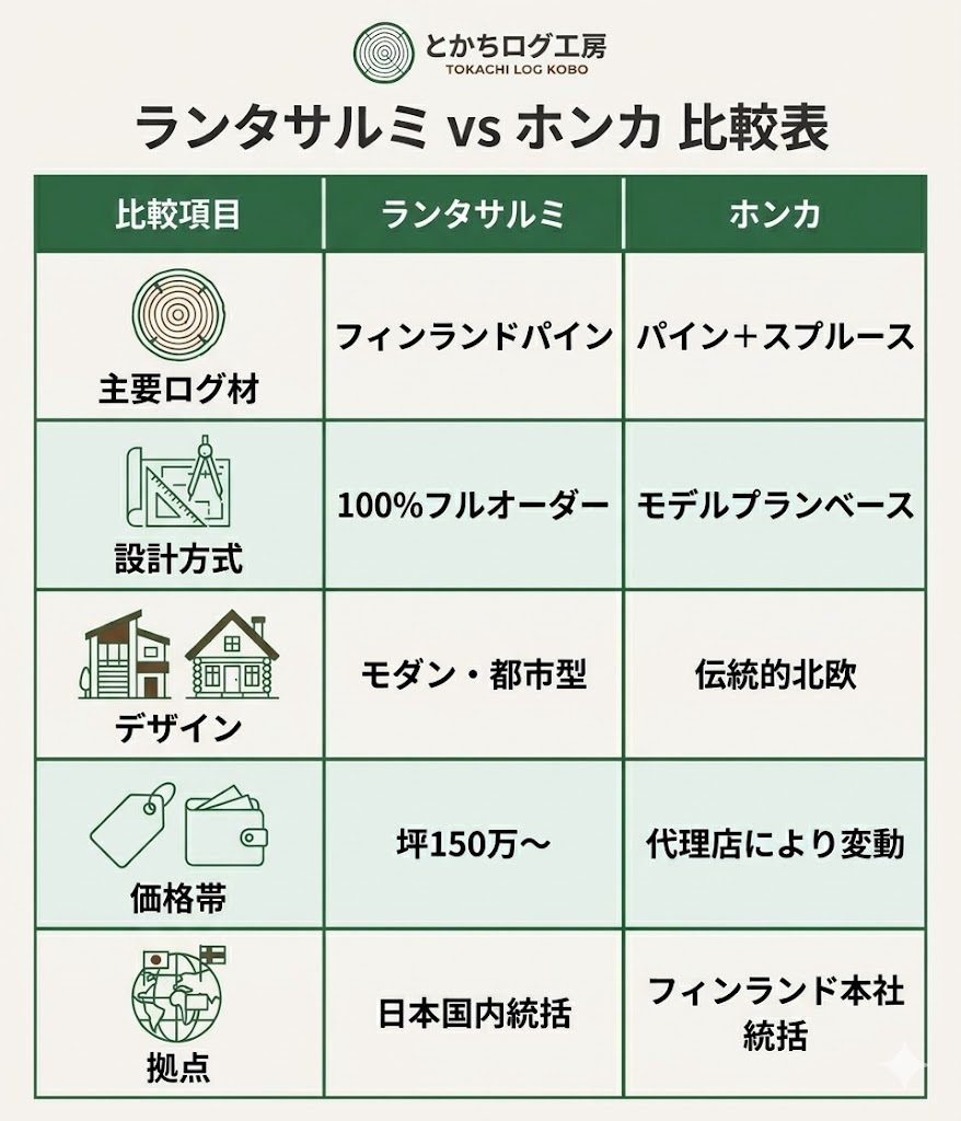 ランタサルミとホンカの比較表。ログ材の違い、設計方式、デザインの傾向、価格帯などの主要な5項目を対比