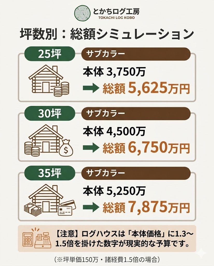 ランタサルミの坪数別総額シミュレーション。30坪で総額約6,750万円など、本体価格の1.5倍を想定した予算目安を表示