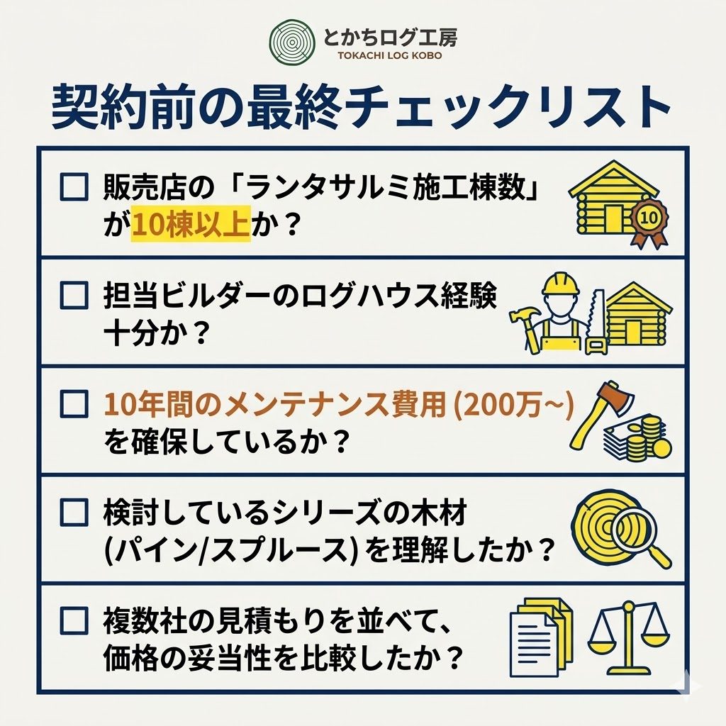 ランタサルミで後悔しないための契約前チェックリスト。施工実績、メンテナンス費用、木材の種類、他社比較の5項目を掲載