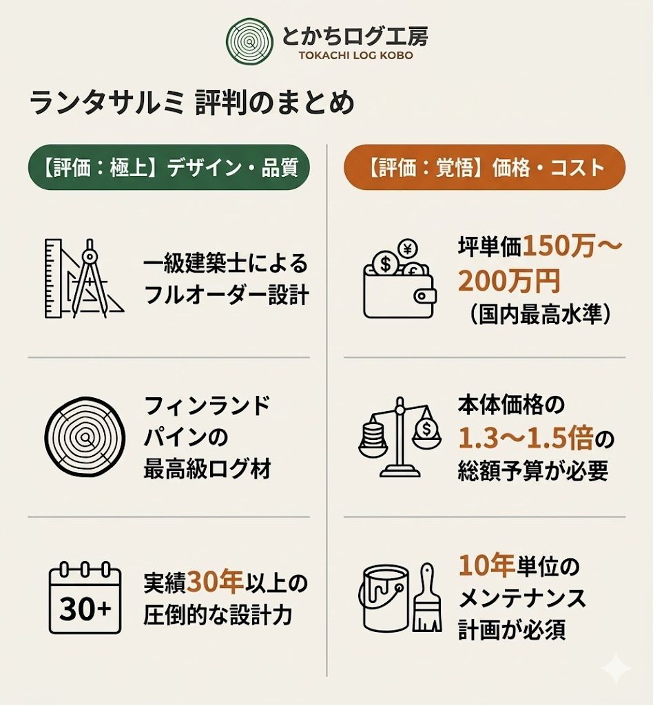 ランタサルミの評判まとめ図解。デザイン品質は国内最高峰の一方、坪単価は150万から200万と国内最高水準であることを解説